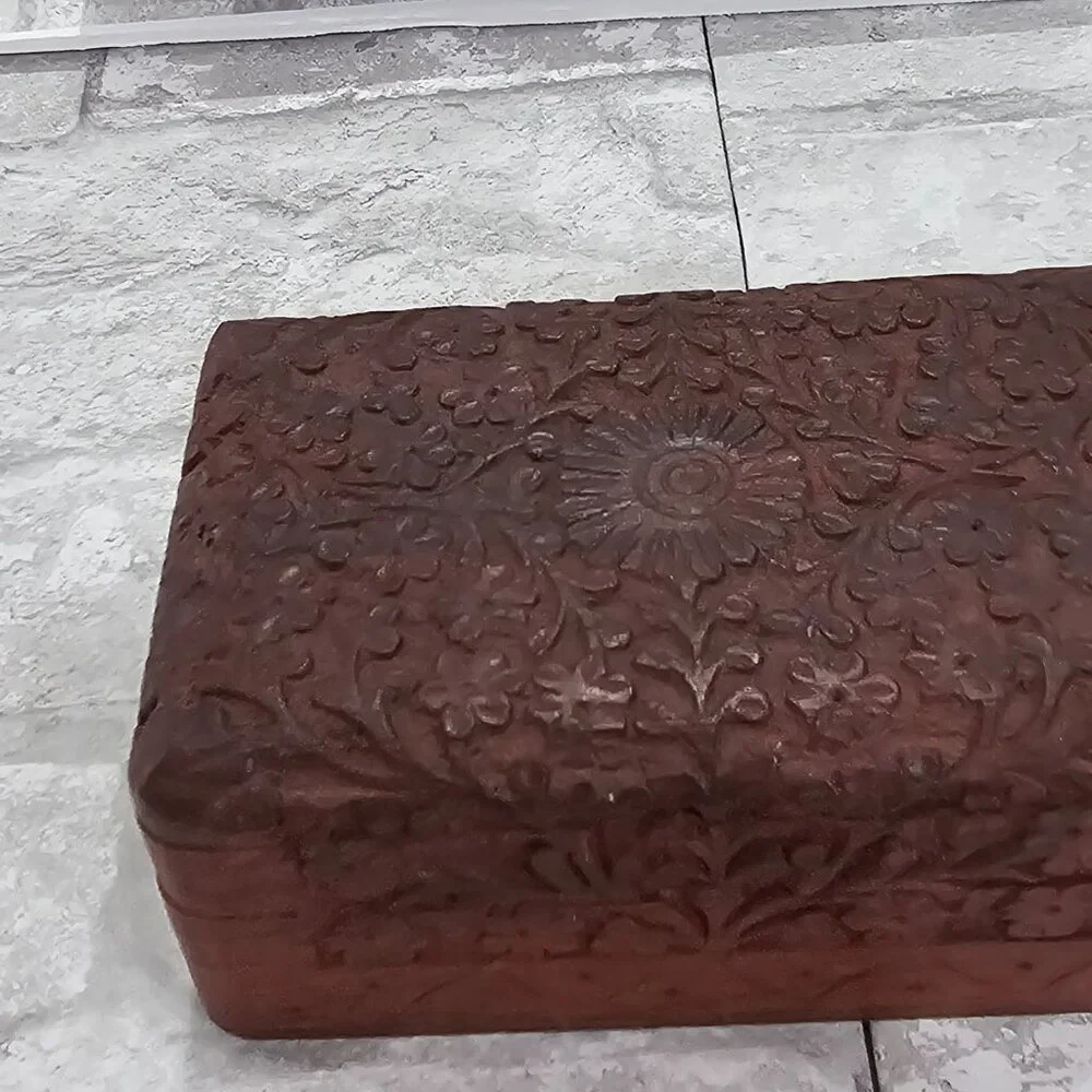 Wooden Felt Lined Jewelry Box‎ Carved Floral Boho Decor Keepsake Box